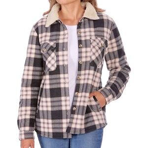 Soho Threads Women Plaid Fleece Jacket Push Sherpa Lined Shirt Black Rose